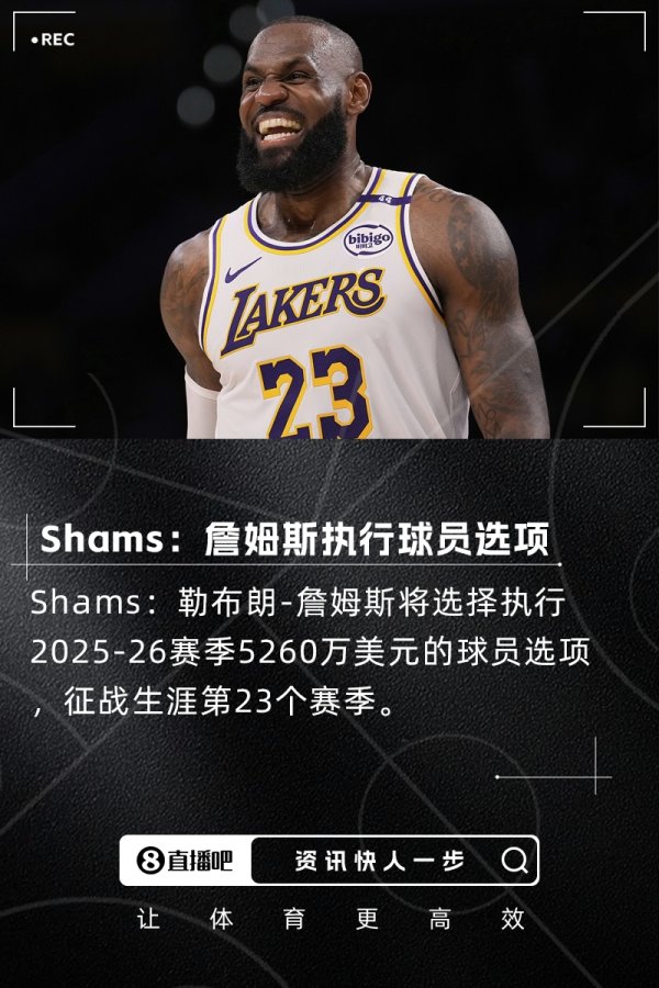 史上首个23赛季👑Shams：詹姆斯执行下赛季5260万的球员选项！